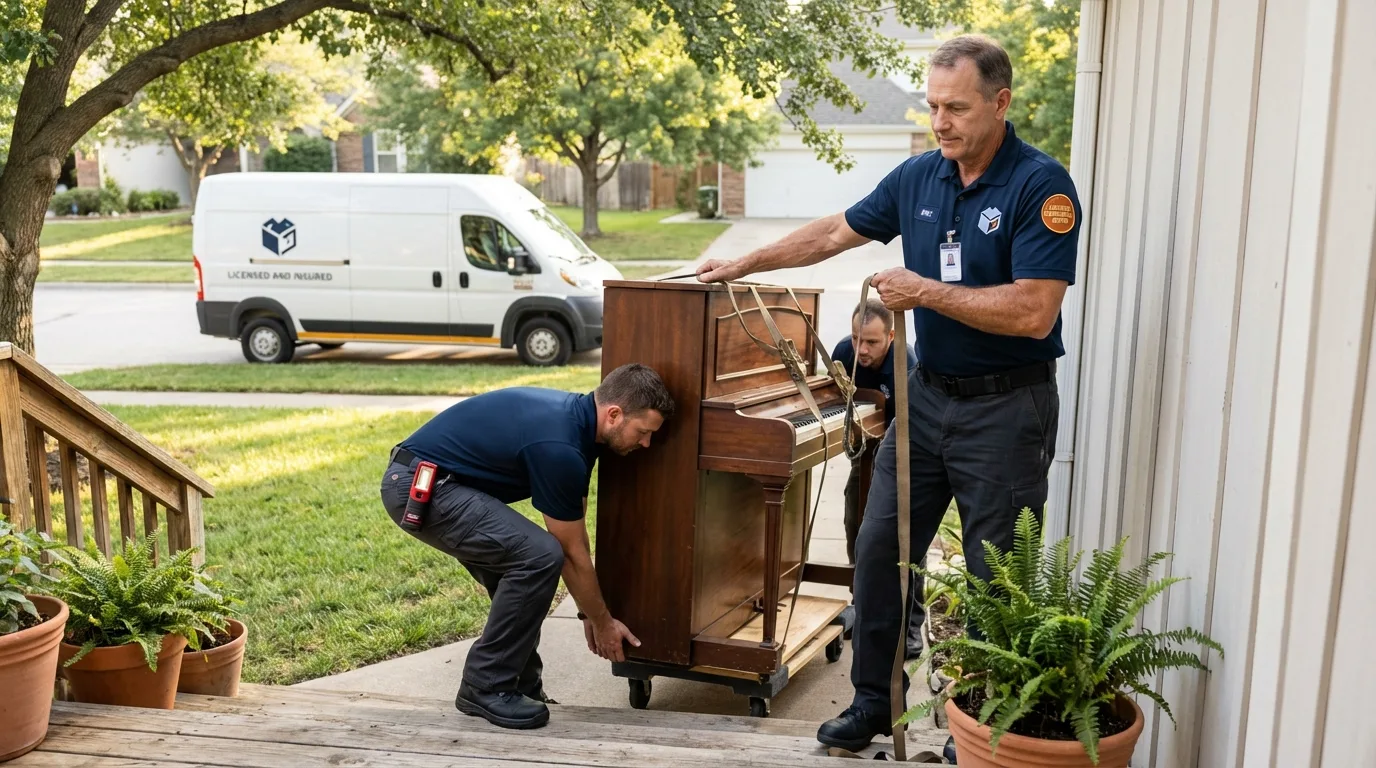 Licensed piano movers securing grand piano in Yorktown, IN