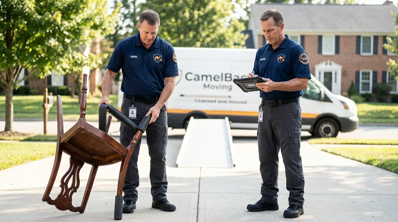 Movers inspecting furniture for damage prevention before loading in Yorktown, IN