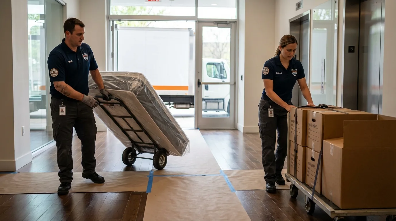Professional apartment movers loading elevator in Yorktown, IN