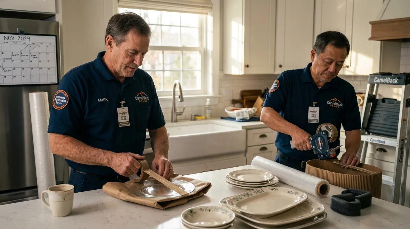 Professional crew packing kitchen dishware in Yorktown, IN